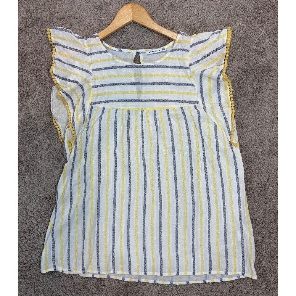 Staccato Women Blouse Sz M White Yellow Blue Striped Pom Pom Flutter Sleeve